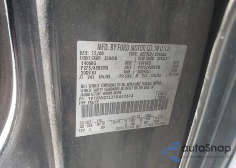 2001 Ford F-150 Harley-Davidson Edition/King Ranch Edition/Lariat/Xlt from USA, damaged, VIN 1FTRW07L31KA17614